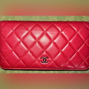Chanel Lambskin Leather Red Quilted Bi-fold long wallet
